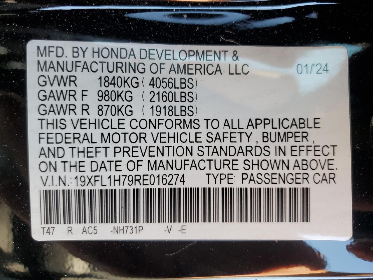 2024 Honda Civic Exl VIN: 19XFL1H79RE016274 Lot: 69040674