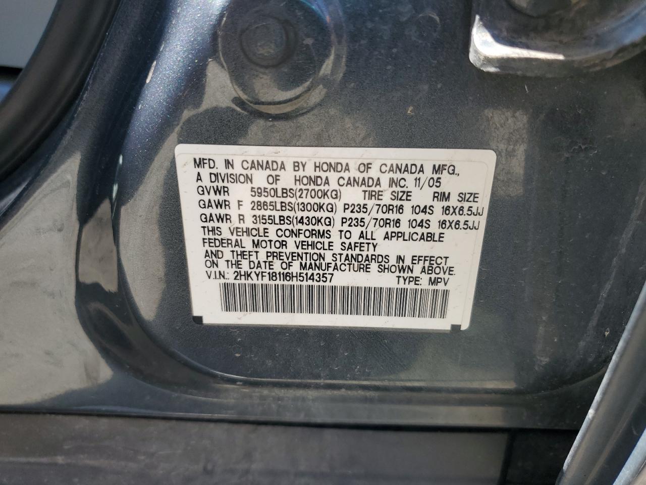 2HKYF18116H514357 2006 Honda Pilot Lx