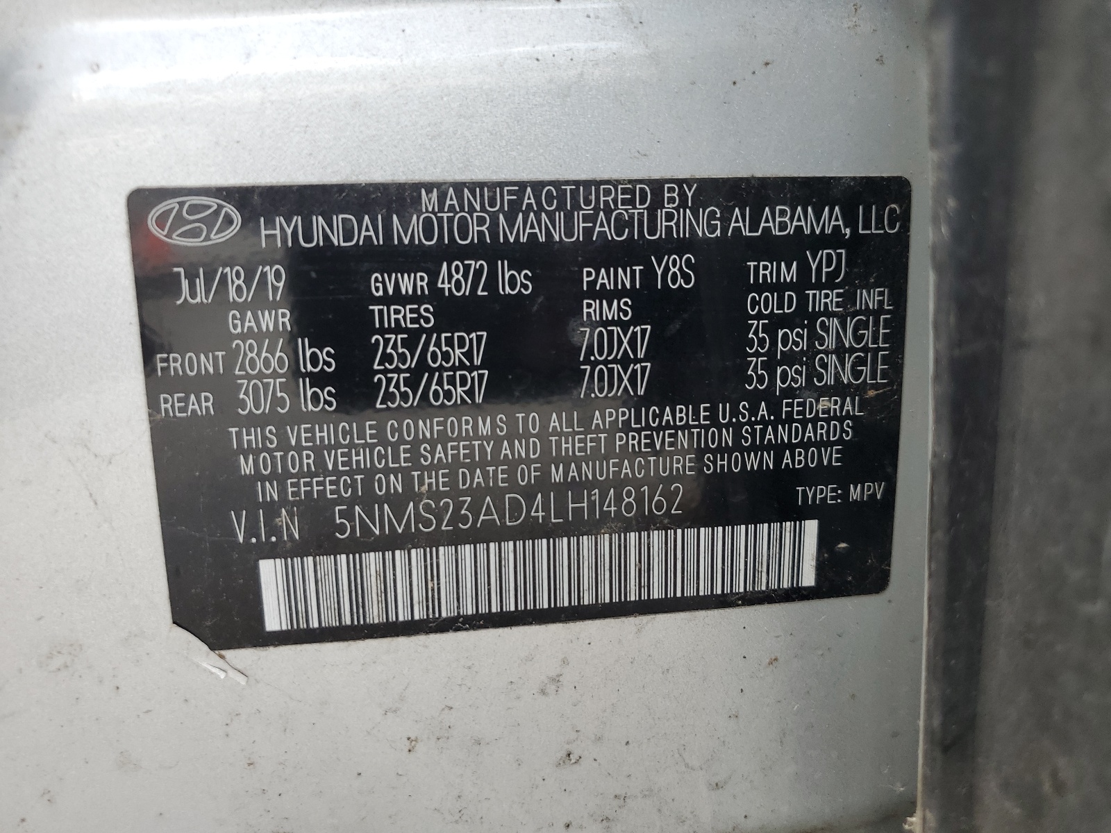 5NMS23AD4LH148162 2020 Hyundai Santa Fe Se