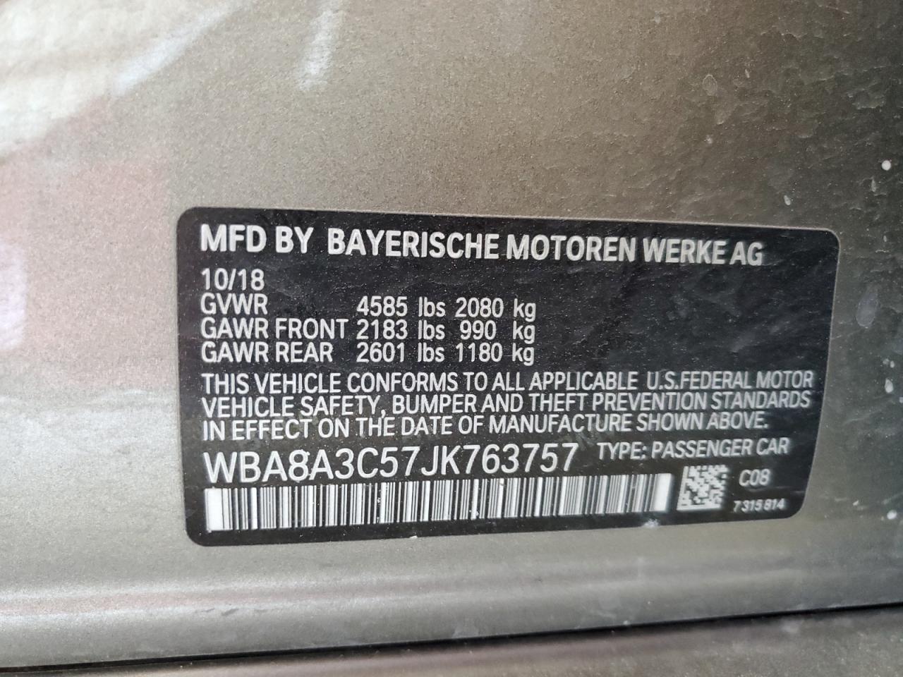 2018 BMW 320 Xi VIN: WBA8A3C57JK763757 Lot: 65621874