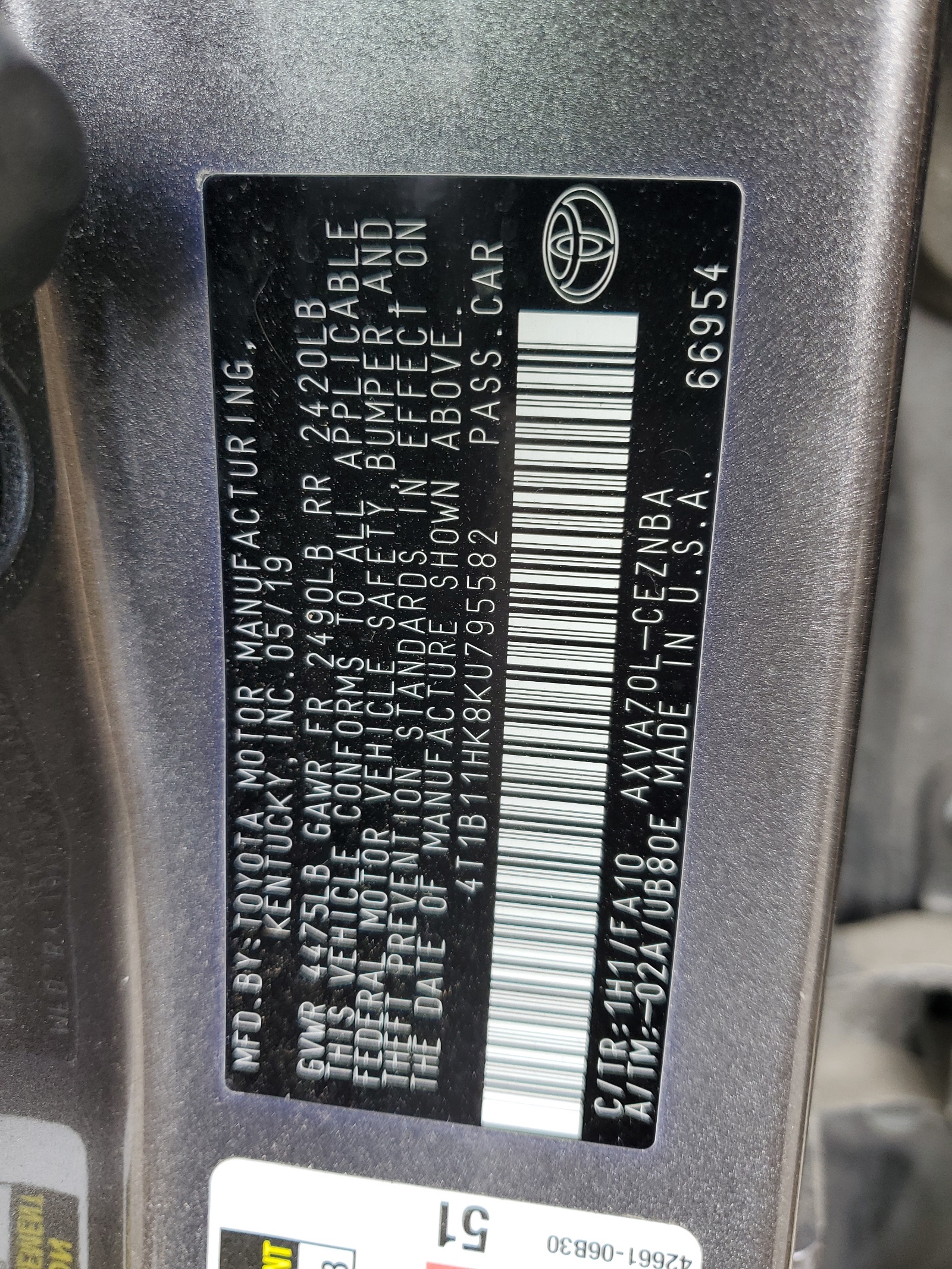 4T1B11HK8KU795582 2019 Toyota Camry L