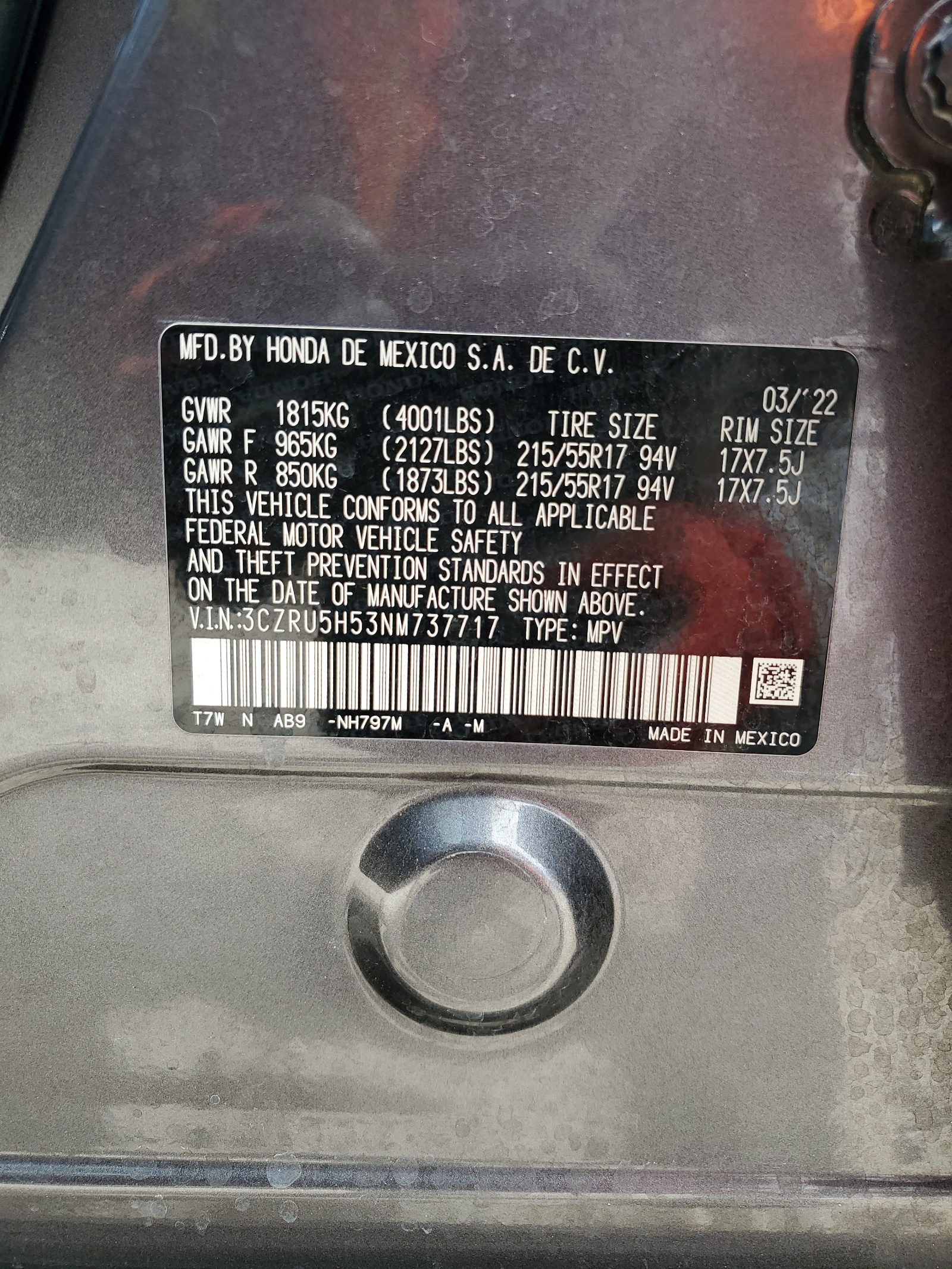 3CZRU5H53NM737717 2022 Honda Hr-V Ex