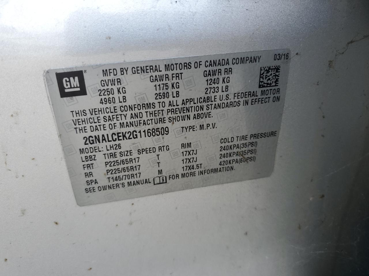 2GNALCEK2G1168509 2016 Chevrolet Equinox Lt