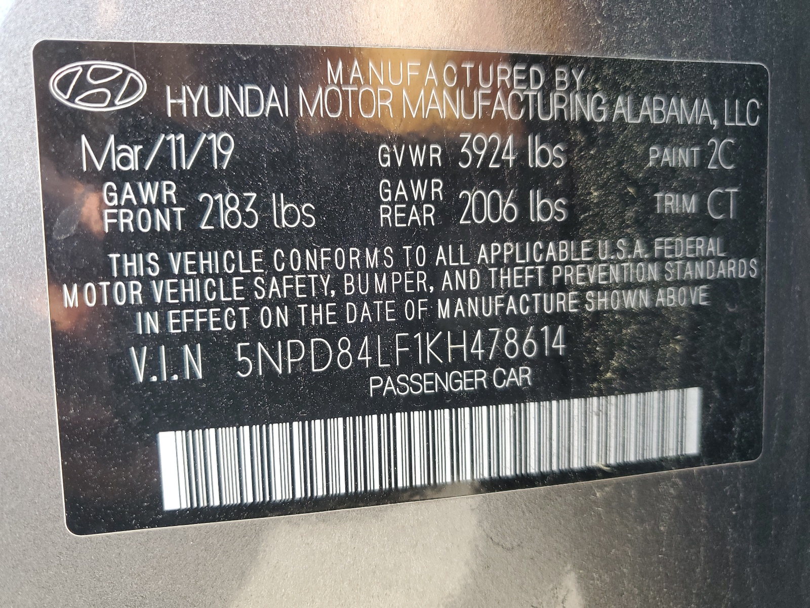 5NPD84LF1KH478614 2019 Hyundai Elantra Sel