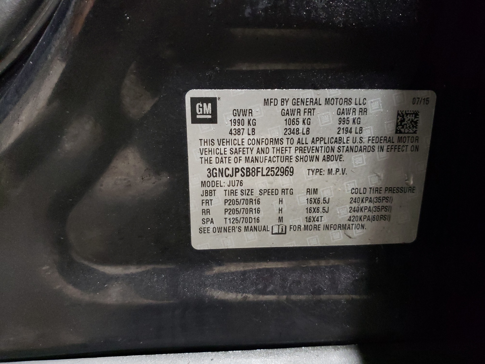 3GNCJPSB8FL252969 2015 Chevrolet Trax 1Ls