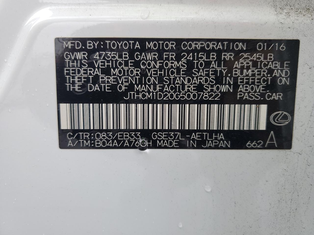 2016 Lexus Is 300 VIN: JTHCM1D20G5007822 Lot: 65924514