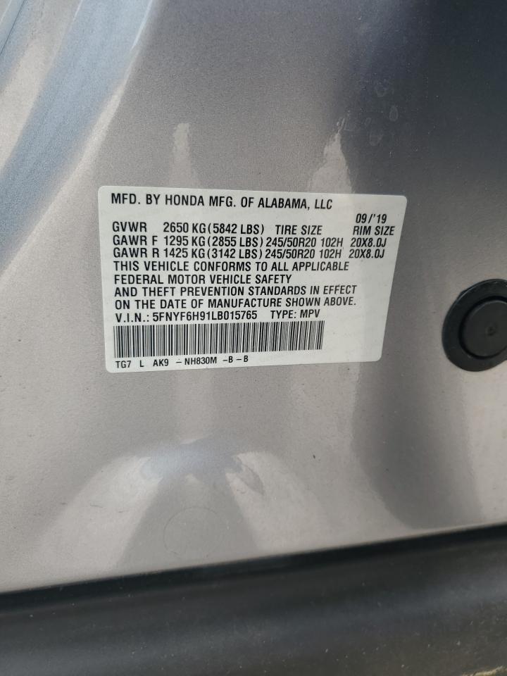 2020 Honda Pilot Touring VIN: 5FNYF6H91LB015765 Lot: 64842174