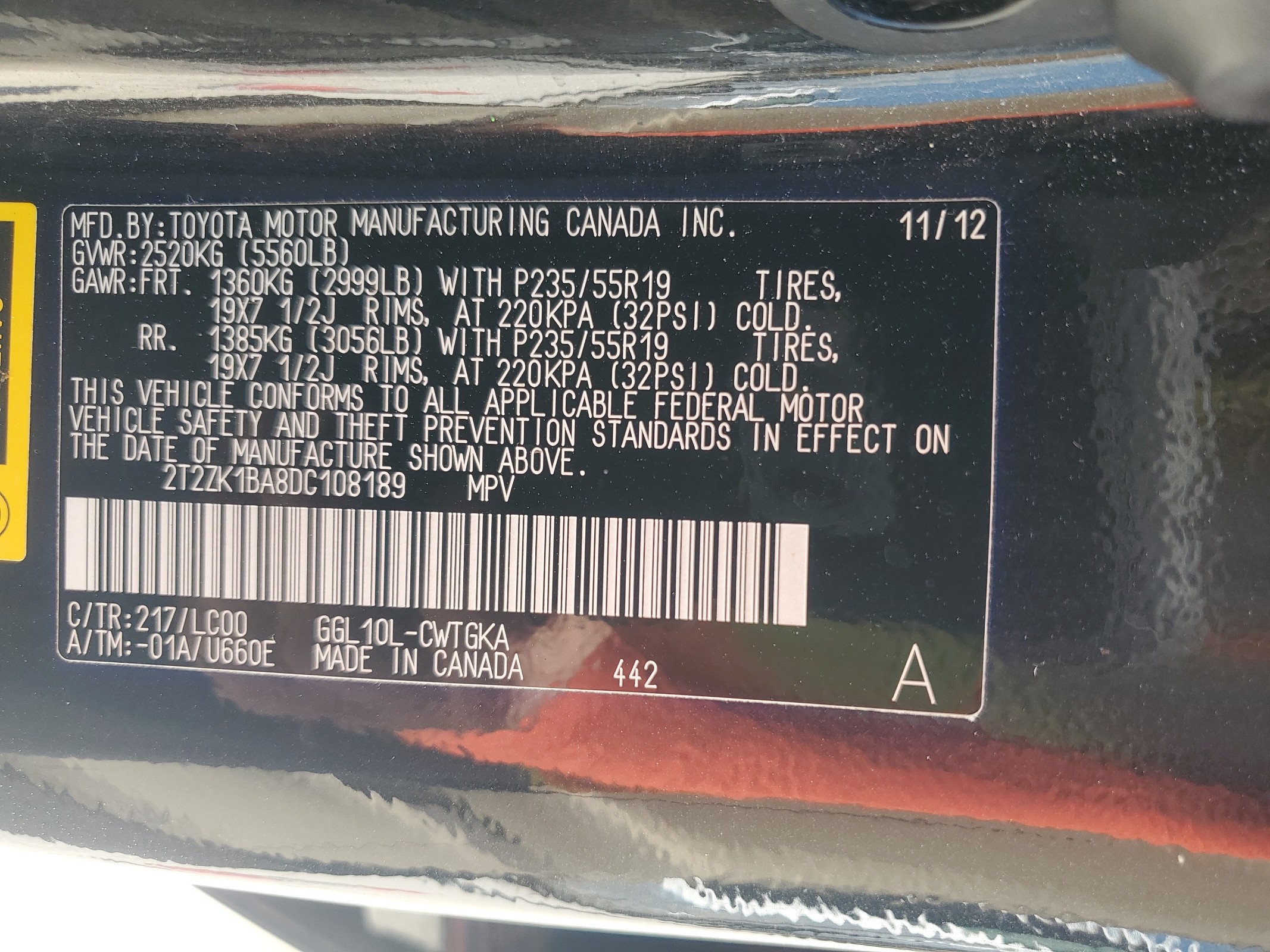 2T2ZK1BA8DC108189 2013 Lexus Rx 350