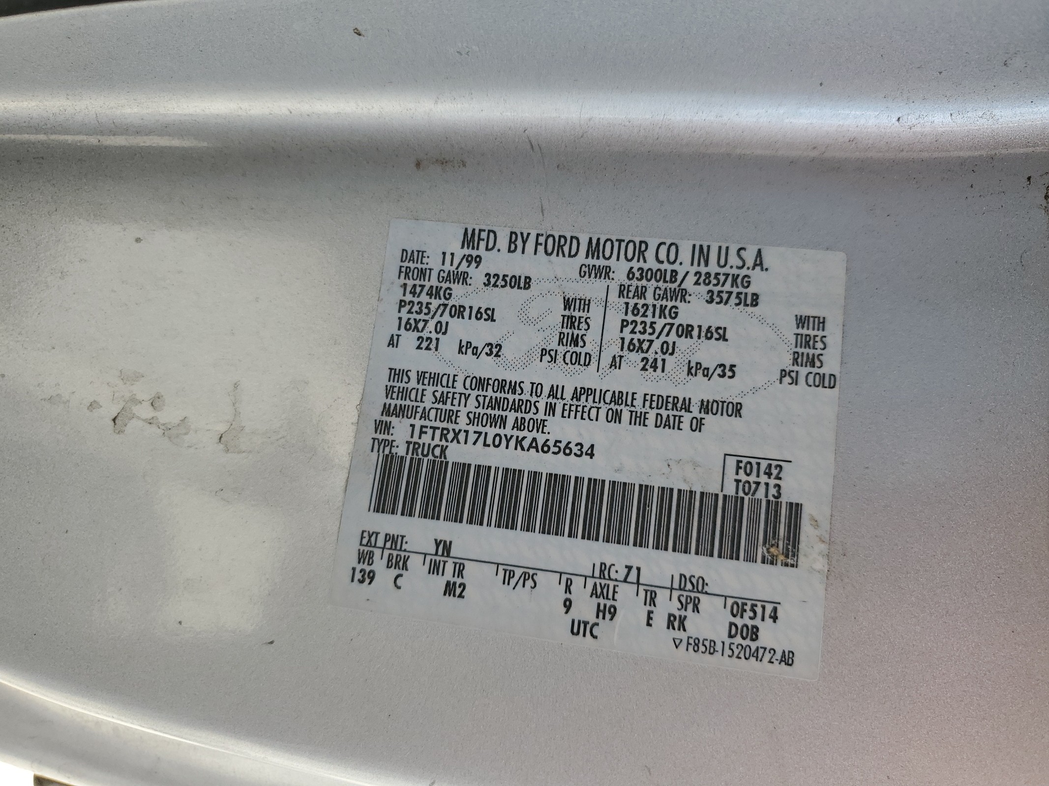 1FTRX17L0YKA65634 2000 Ford F150