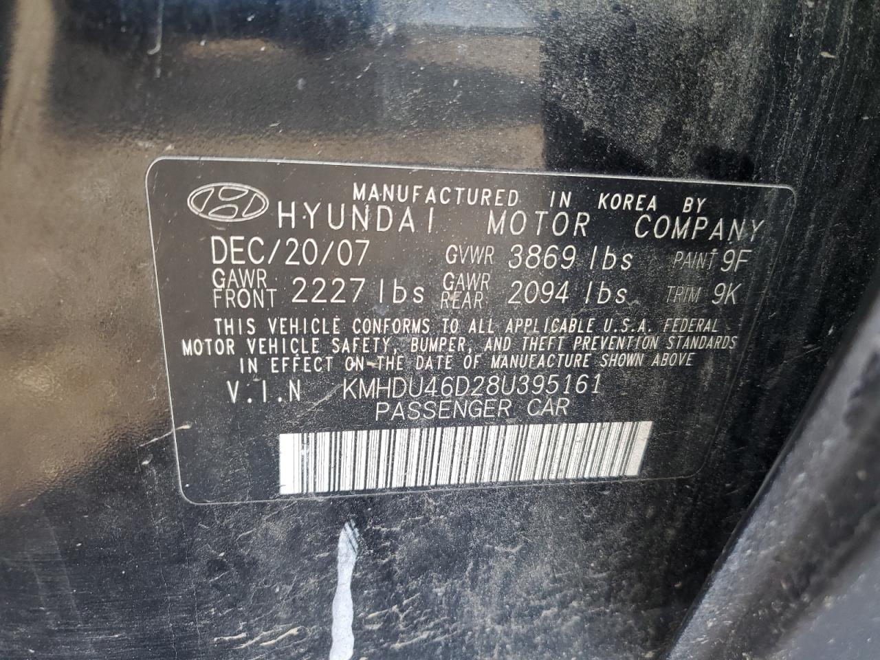 2008 Hyundai Elantra Gls VIN: KMHDU46D28U395161 Lot: 68676474