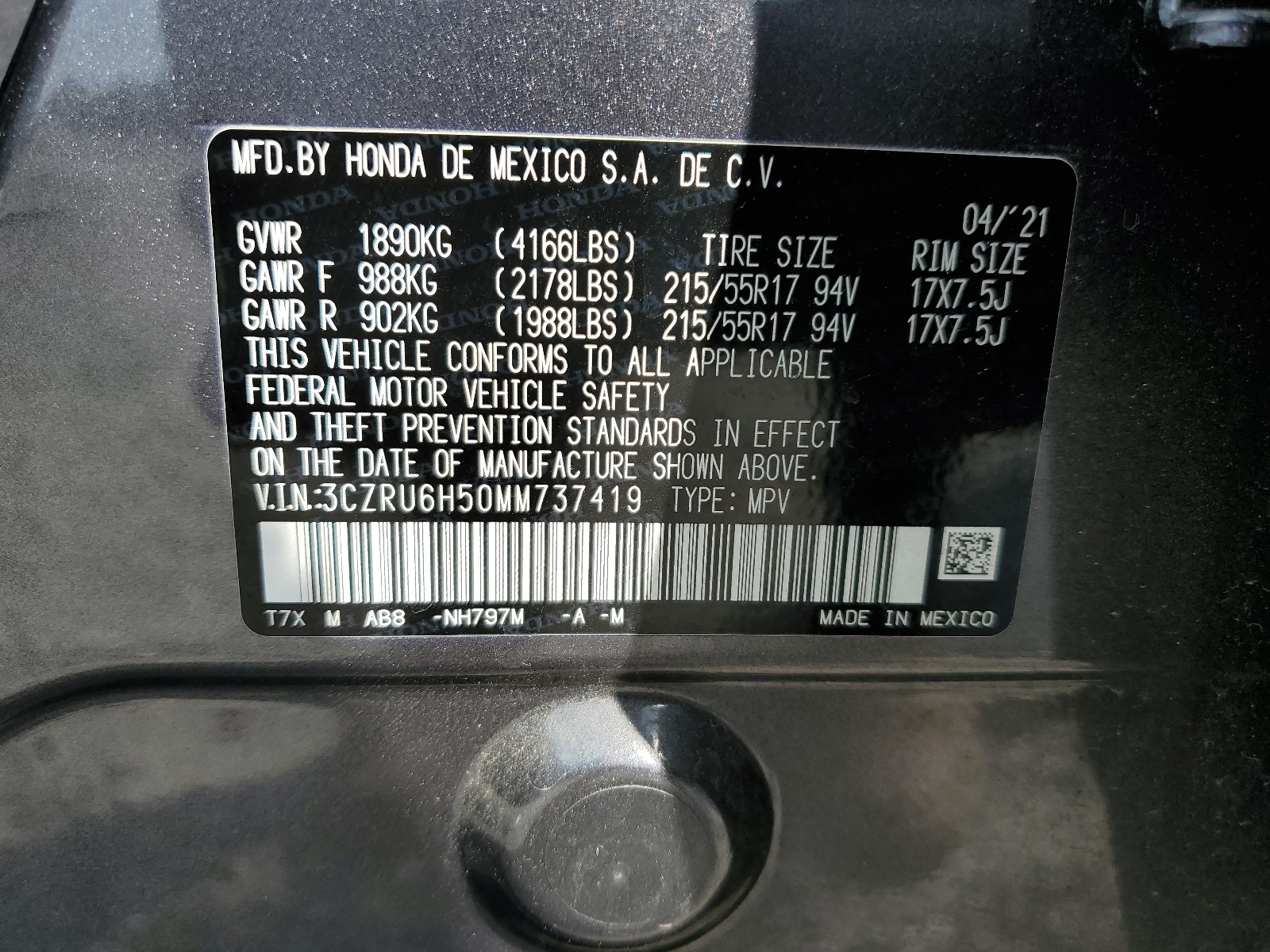 3CZRU6H50MM737419 2021 Honda Hr-V Ex