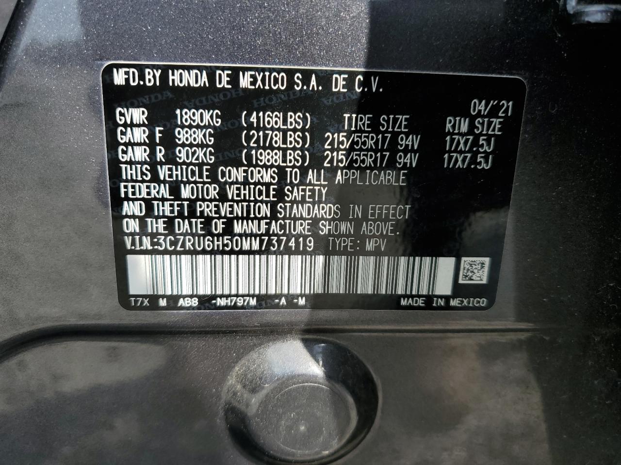 2021 Honda Hr-V Ex VIN: 3CZRU6H50MM737419 Lot: 67740224