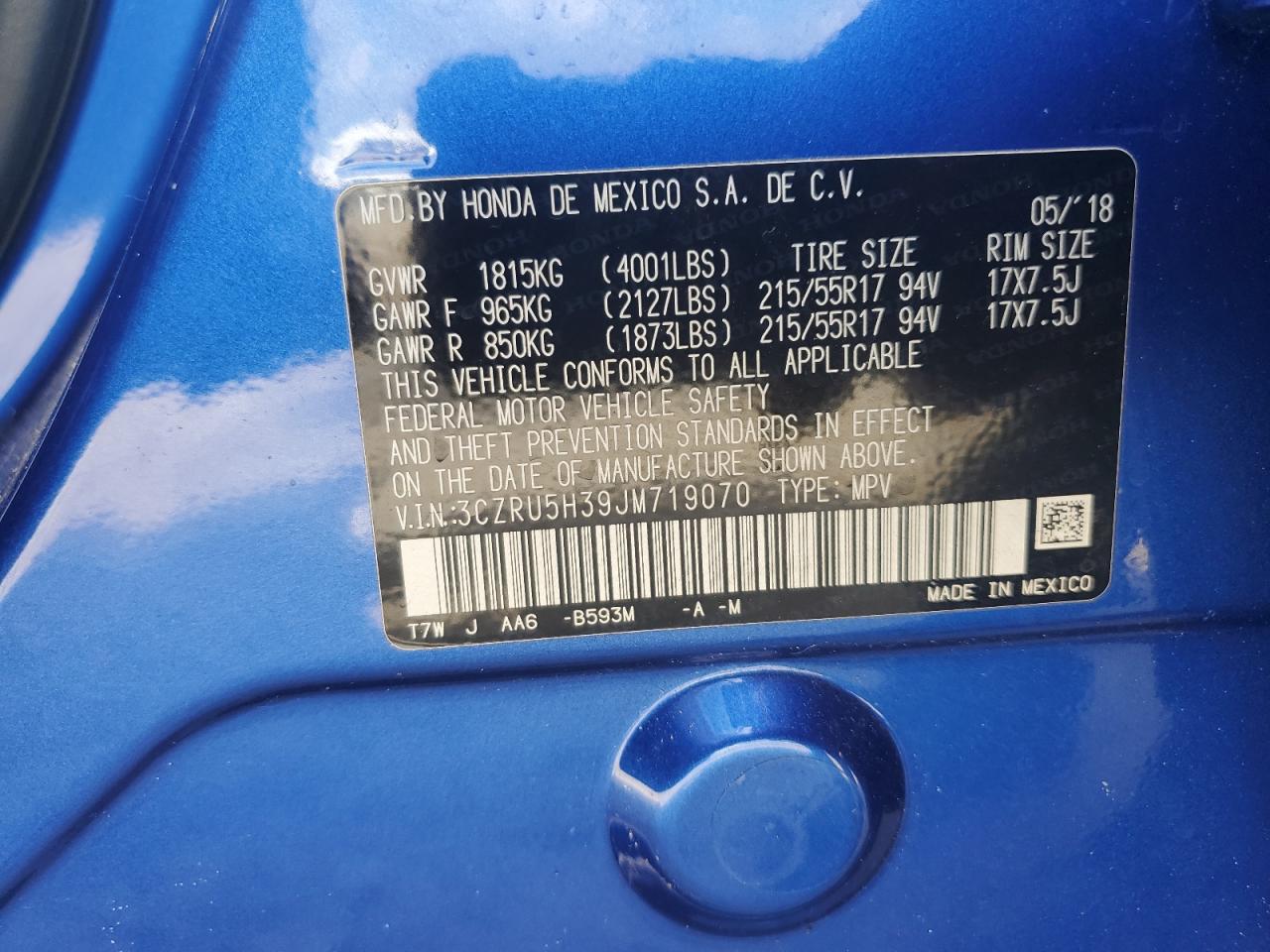 2018 Honda Hr-V Lx VIN: 3CZRU5H39JM719070 Lot: 66665334