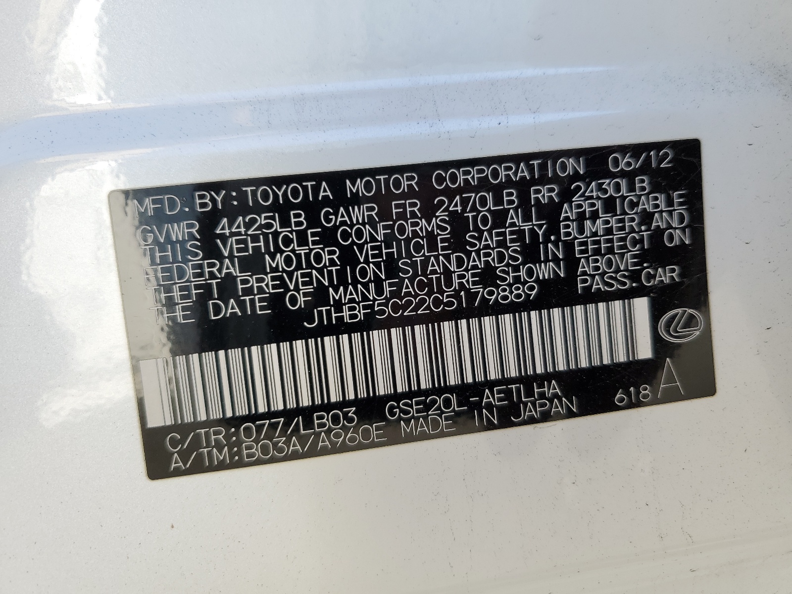 JTHBF5C22C5179889 2012 Lexus Is 250