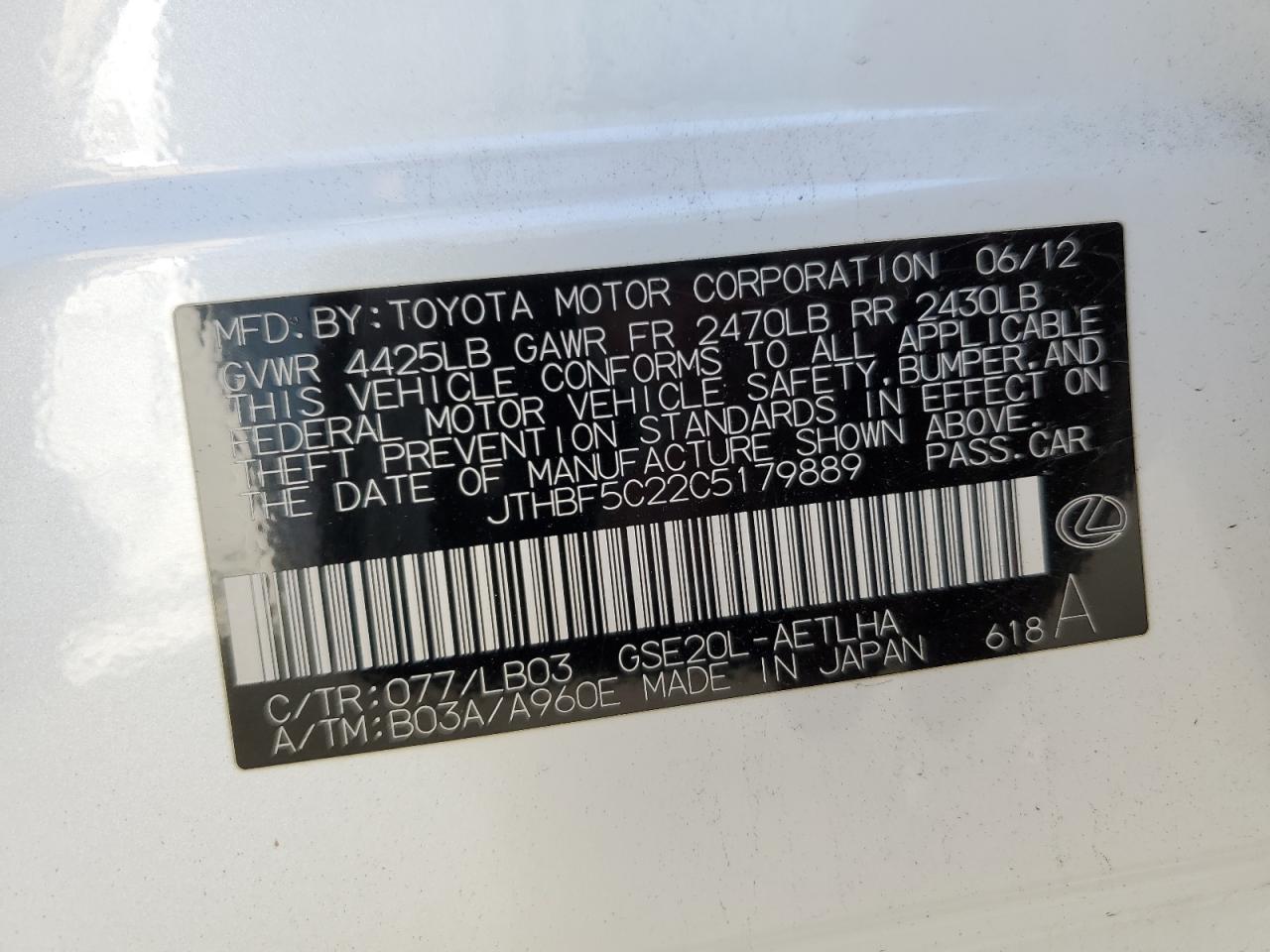 2012 Lexus Is 250 VIN: JTHBF5C22C5179889 Lot: 66115034