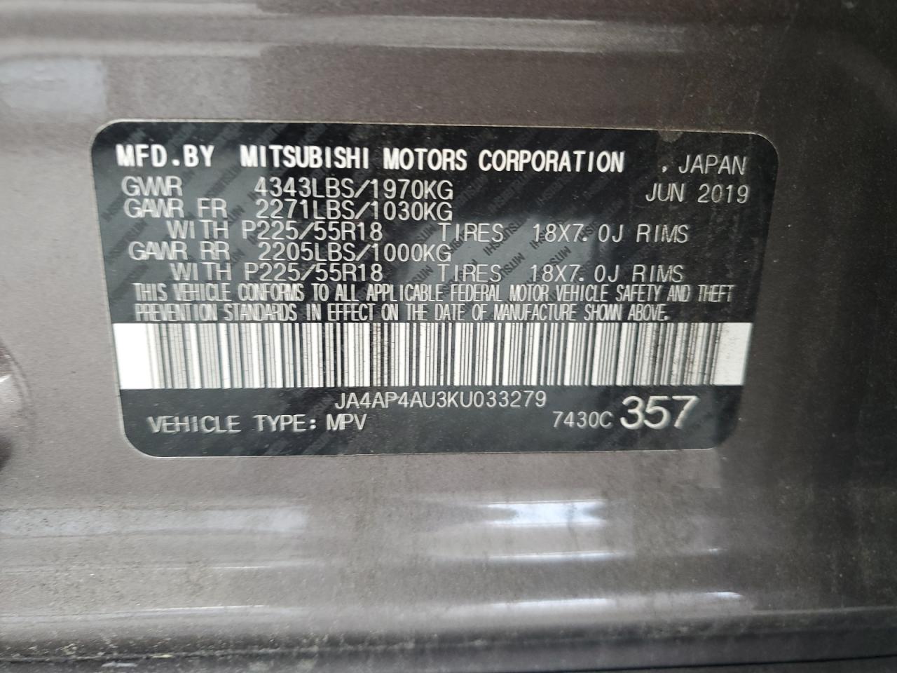 JA4AP4AU3KU033279 2019 MITSUBISHI OUTLANDER - Image 13