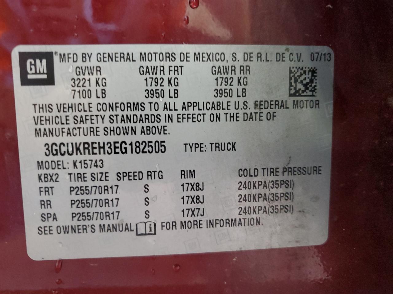 3GCUKREH3EG182505 2014 Chevrolet Silverado K1500 Lt