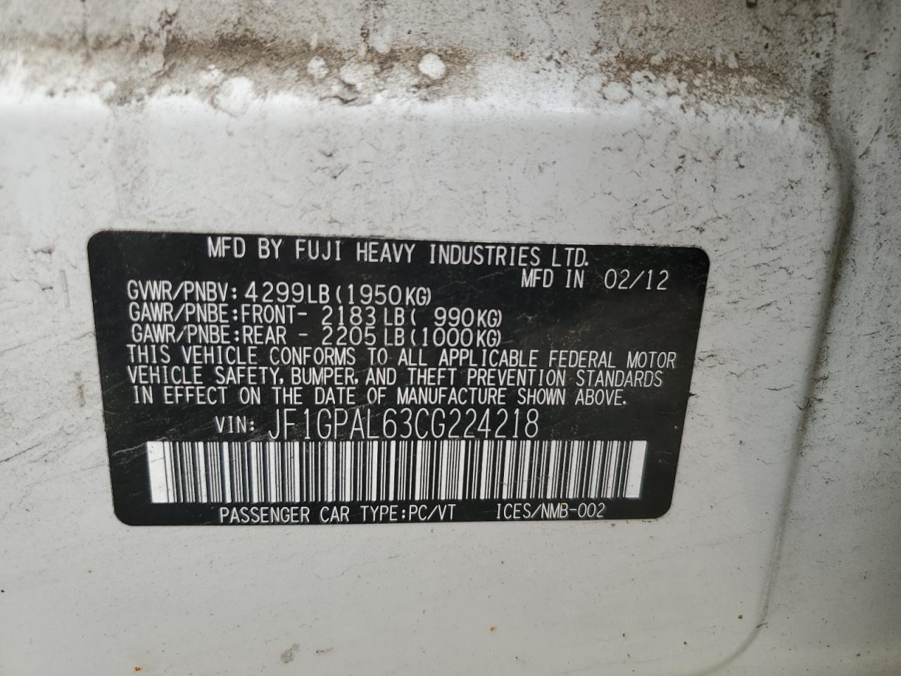 2012 Subaru Impreza Sport Premium VIN: JF1GPAL63CG224218 Lot: 65391894