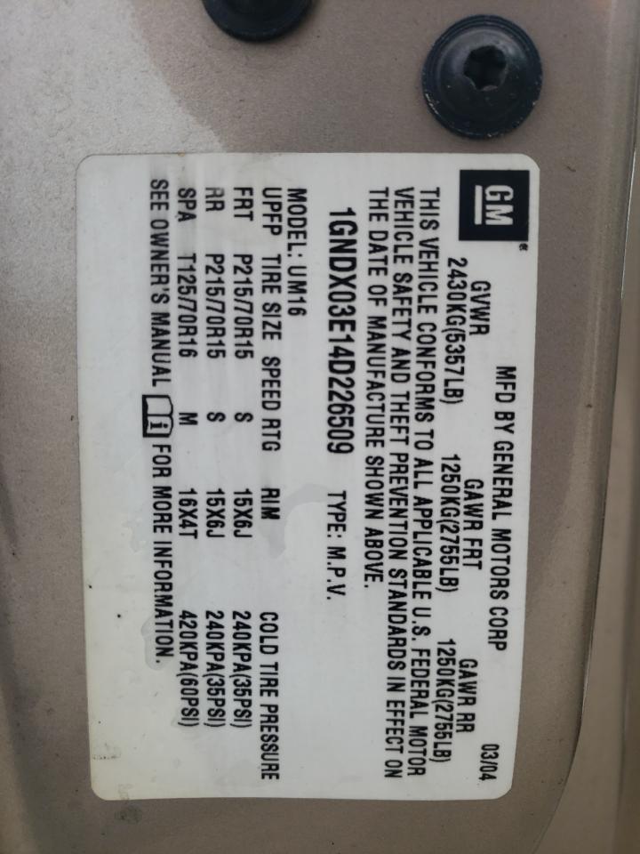 2004 Chevrolet Venture VIN: 1GNDX03E14D226509 Lot: 66622584