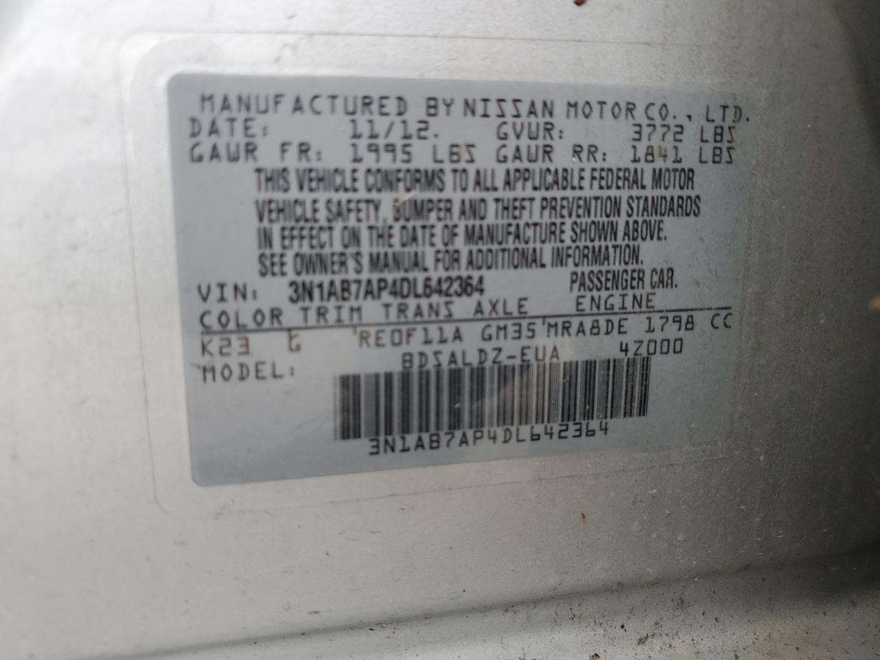 3N1AB7AP4DL642364 2013 Nissan Sentra S