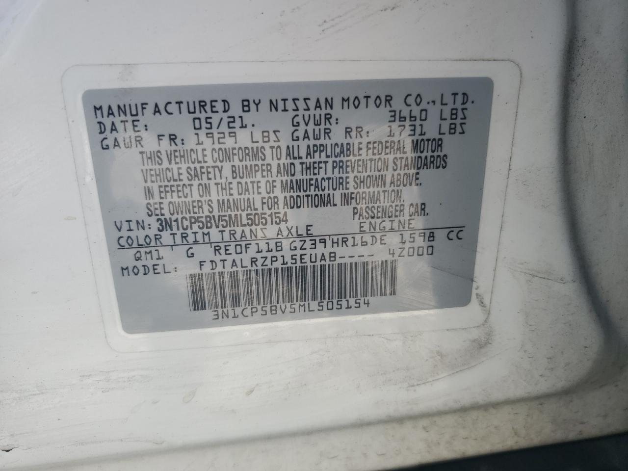 3N1CP5BV5ML505154 2021 Nissan Kicks S