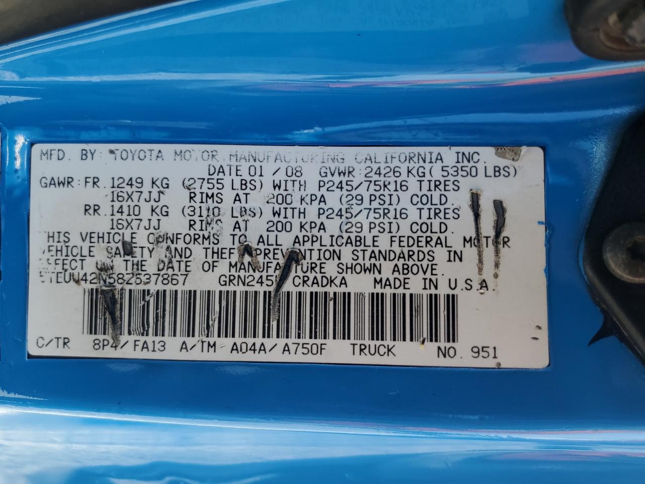 5TEUU42N58Z537867 2008 Toyota Tacoma Access Cab