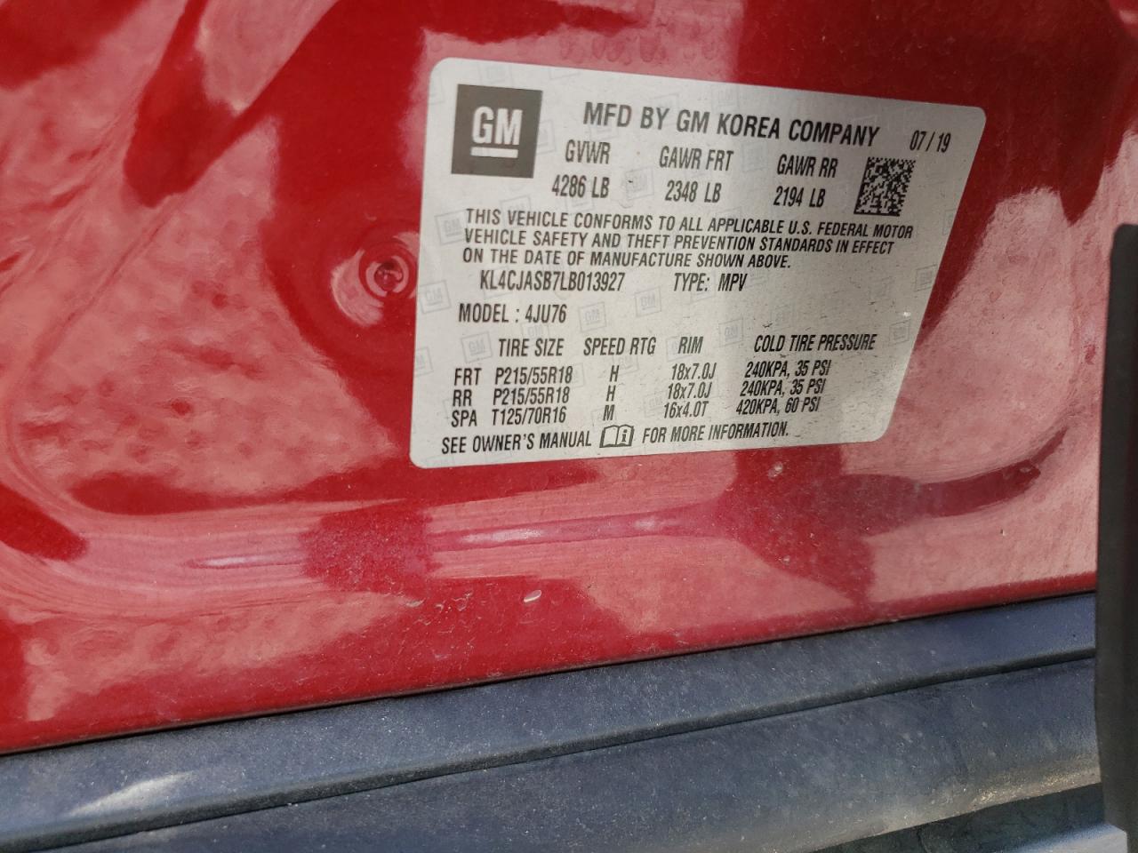 2020 Buick Encore Preferred VIN: KL4CJASB7LB013927 Lot: 66784704