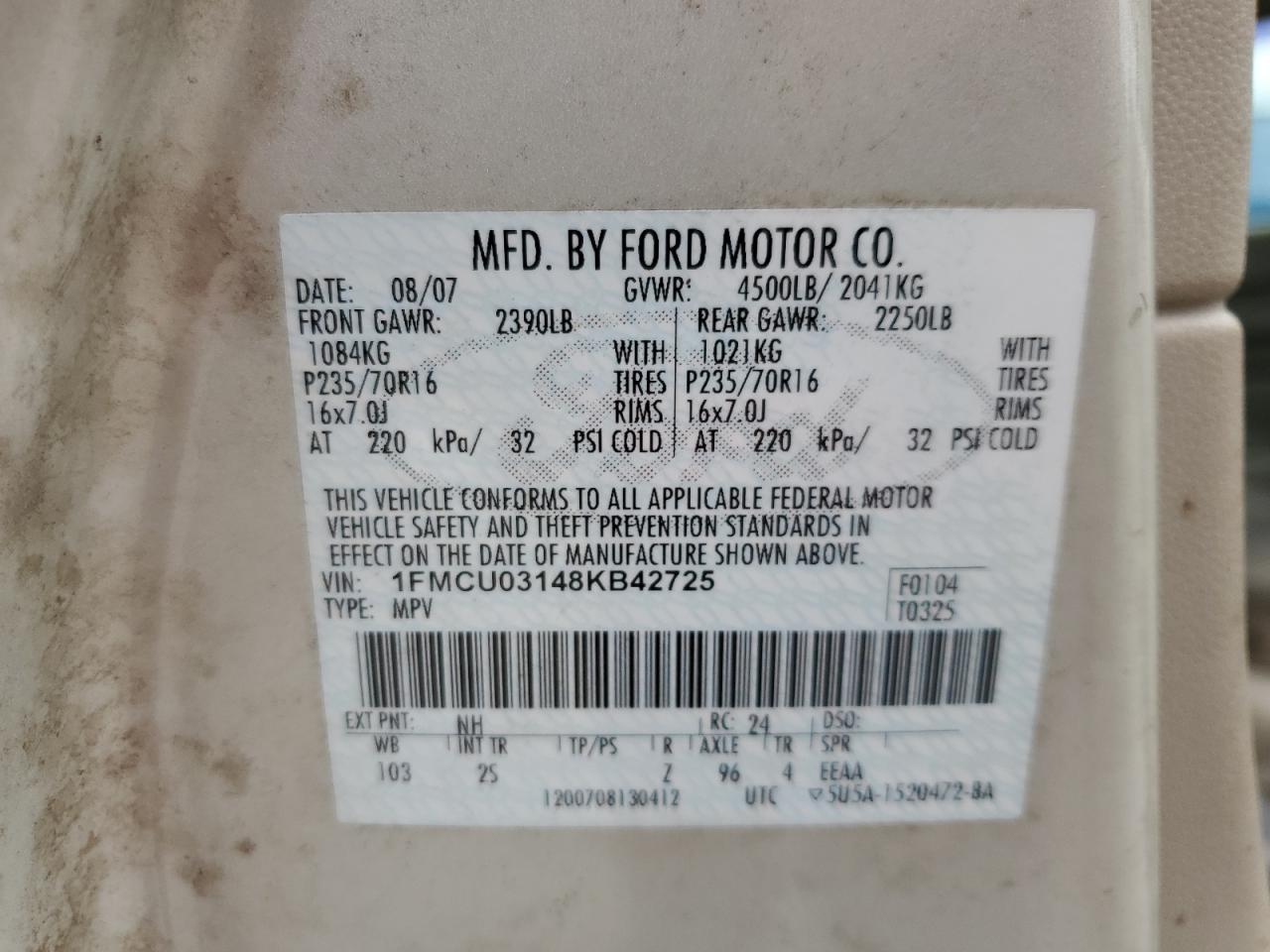 2008 Ford Escape Xlt VIN: 1FMCU03148KB42725 Lot: 65417104