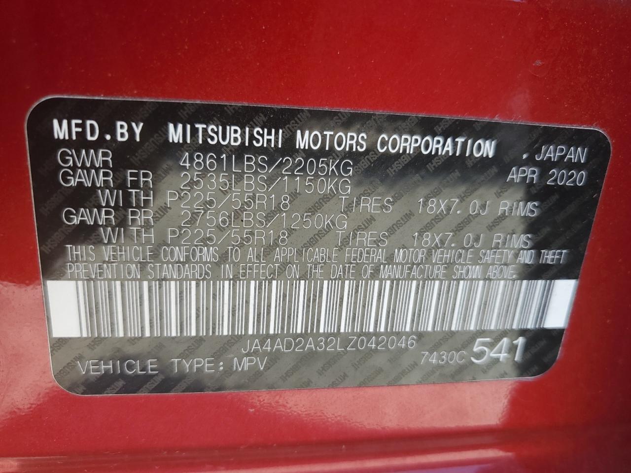 JA4AD2A32LZ042046 2020 Mitsubishi Outlander Es