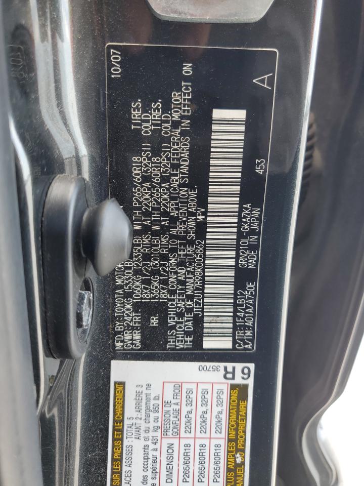 2008 Toyota 4Runner Limited VIN: JTEZU17R98K005862 Lot: 66036874