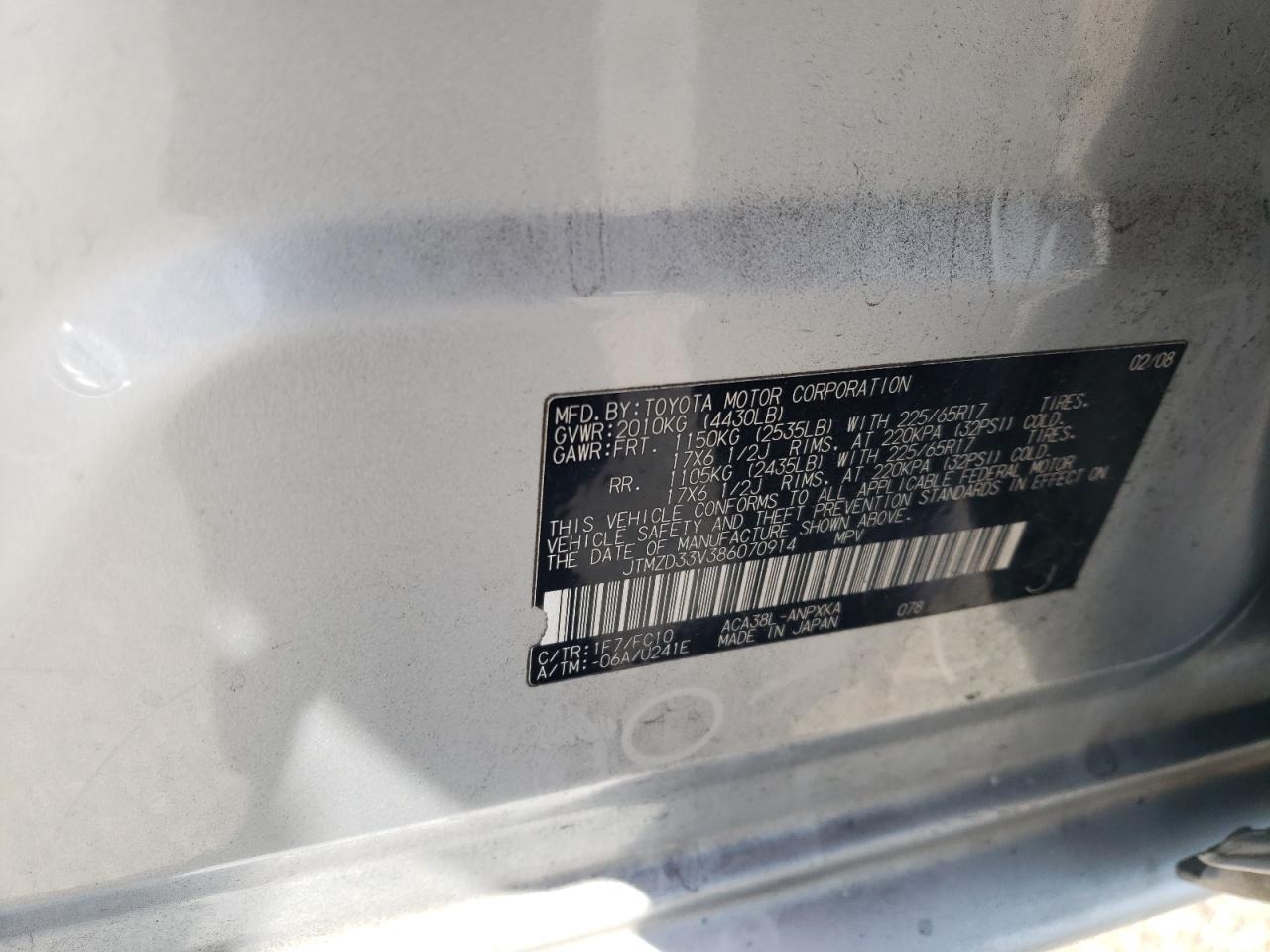 2008 Toyota Rav4 VIN: JTMZD33V386070914 Lot: 65781144