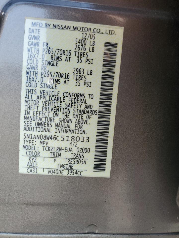 2006 Nissan Xterra Off Road VIN: 5N1AN08W46C518033 Lot: 65970064