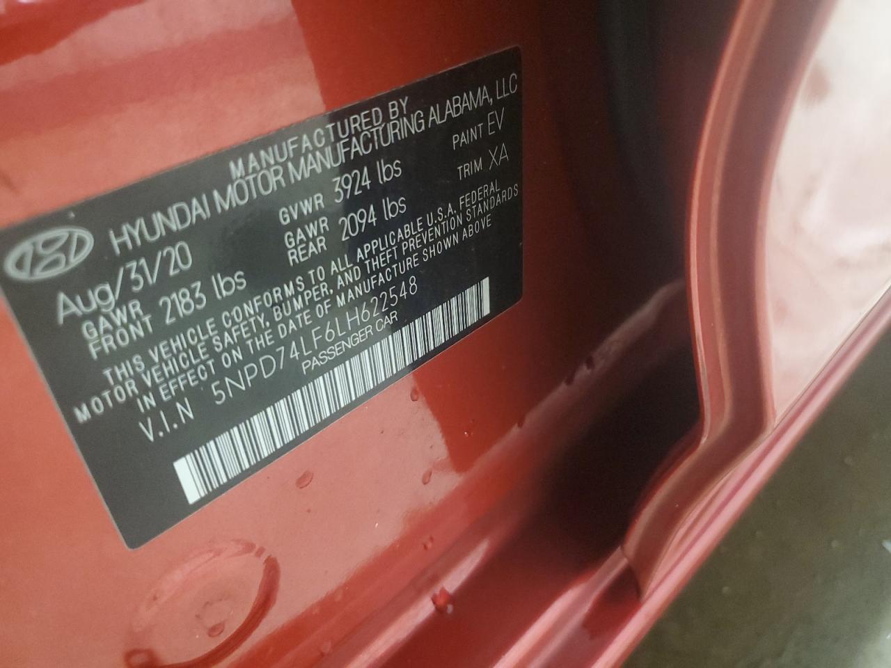 2020 Hyundai Elantra Se VIN: 5NPD74LF6LH622548 Lot: 65838944