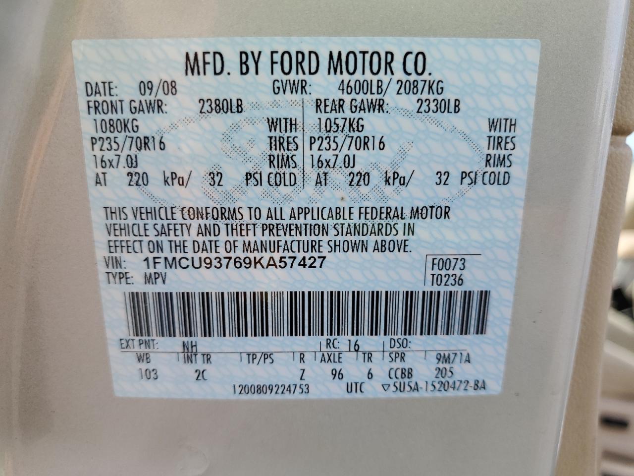 2009 Ford Escape Xlt VIN: 1FMCU93769KA57427 Lot: 68212704