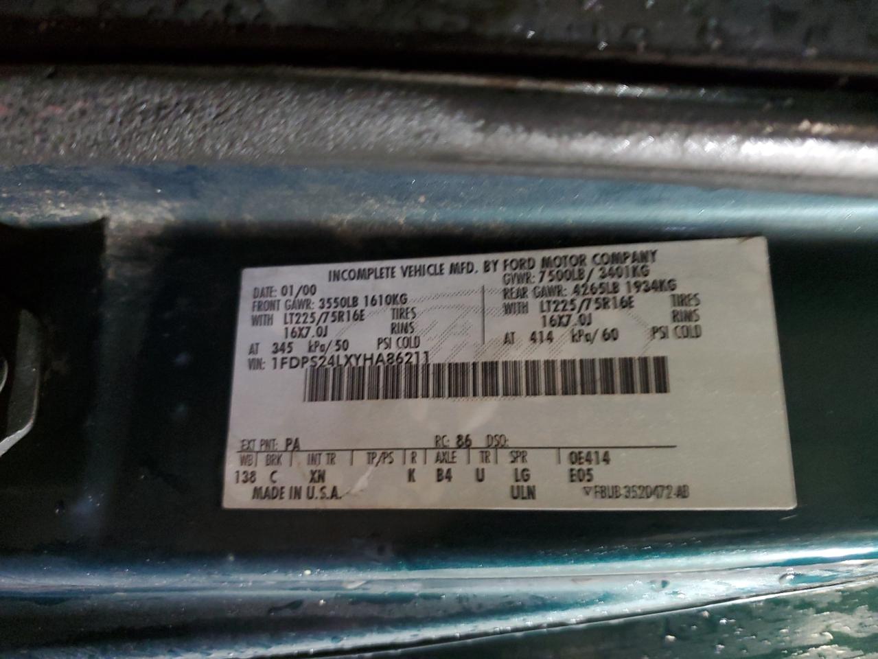 2000 Ford Econoline E250 Van VIN: 1FDPS24LXYHA86211 Lot: 65277814