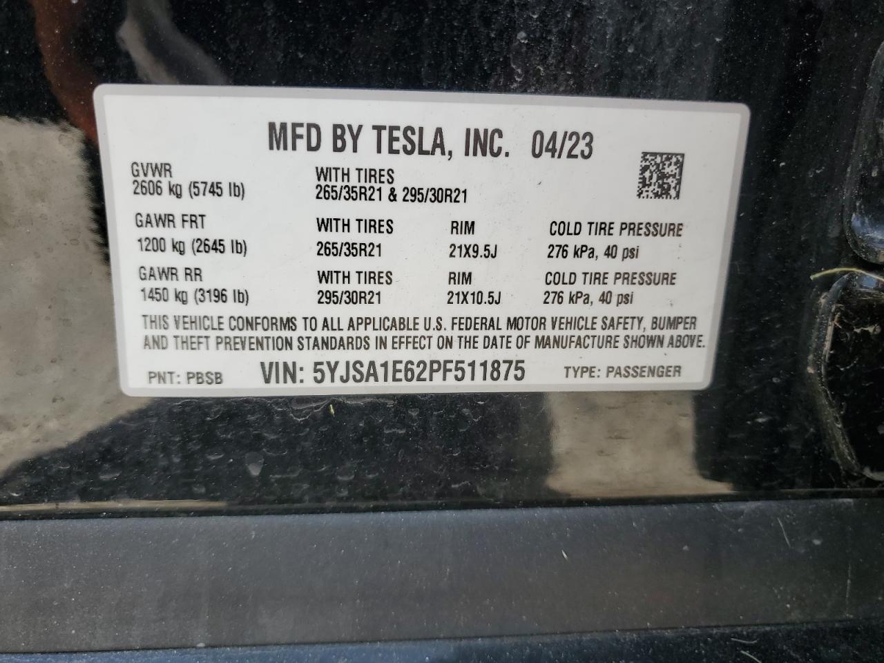 5YJSA1E62PF511875 2023 Tesla Model S