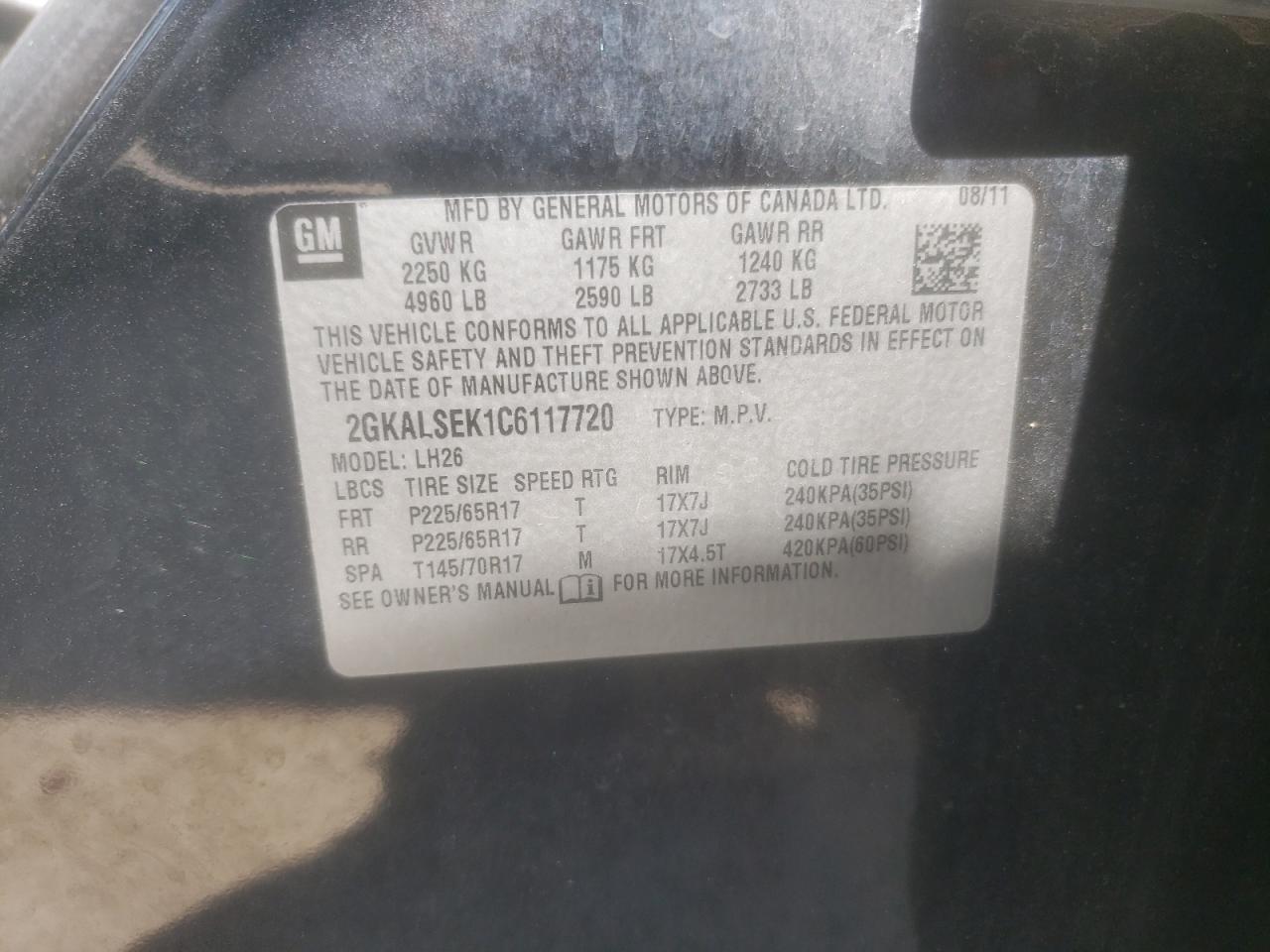 2012 GMC Terrain Sle VIN: 2GKALSEK1C6117720 Lot: 66090404