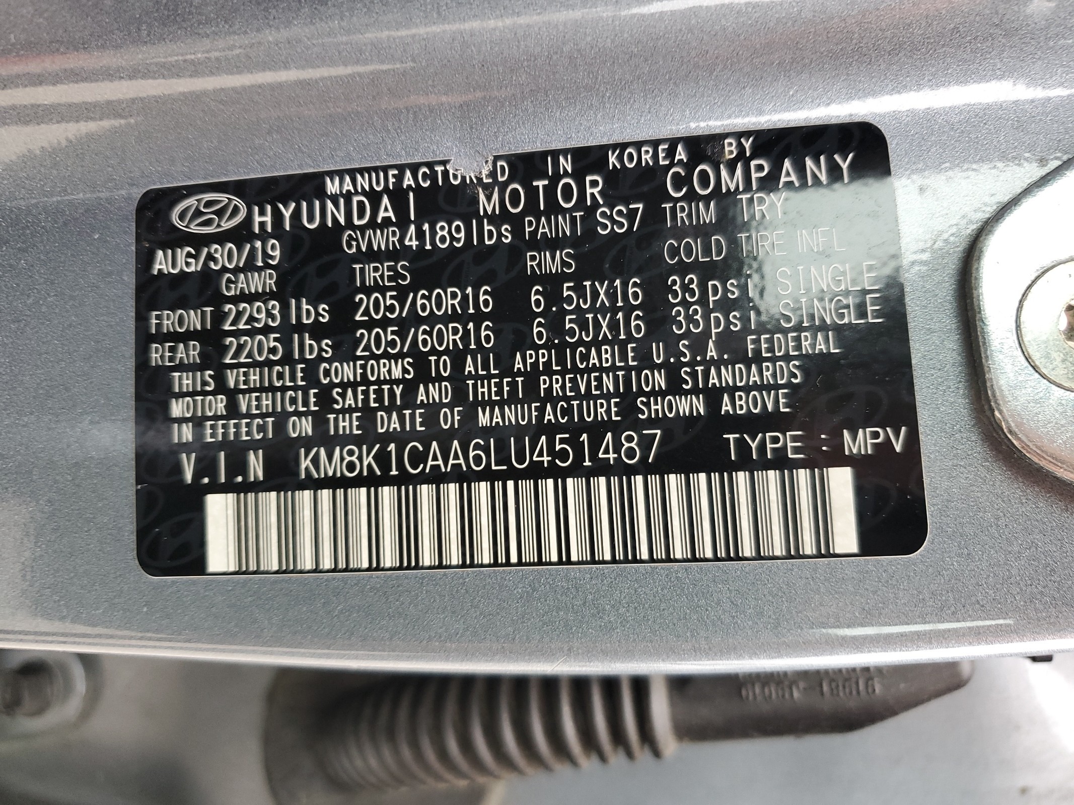 KM8K1CAA6LU451487 2020 Hyundai Kona Se