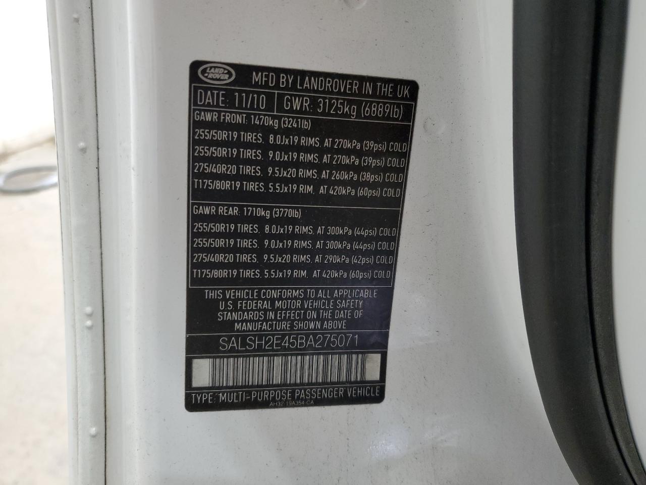 2011 Land Rover Range Rover Sport Sc VIN: SALSH2E45BA275071 Lot: 66004774