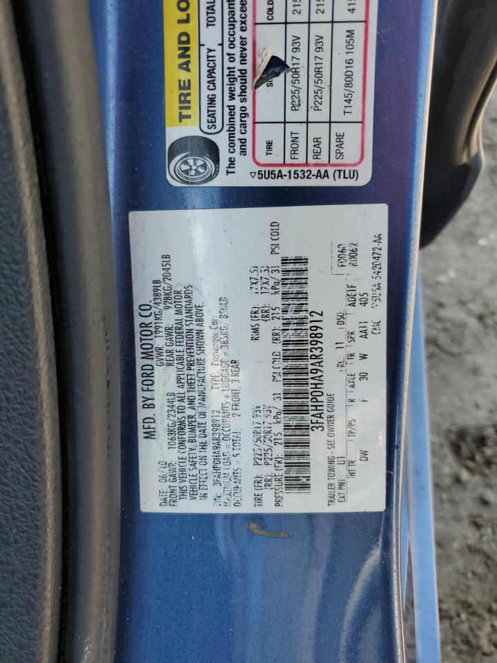 2010 Ford Fusion Se VIN: 3FAHP0HA9AR398912 Lot: 65708324