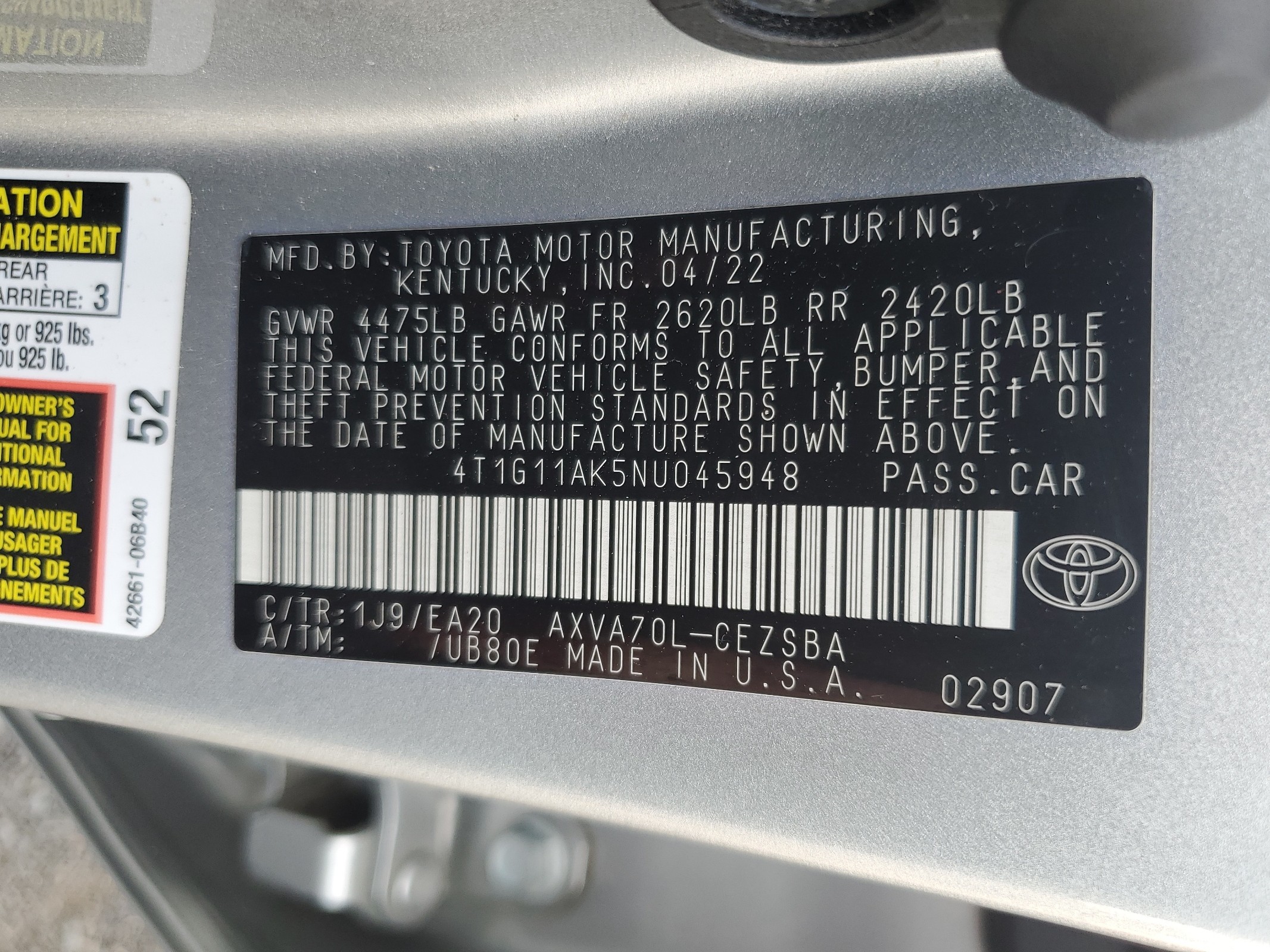 2022 Toyota Camry Se vin: 4T1G11AK5NU045948