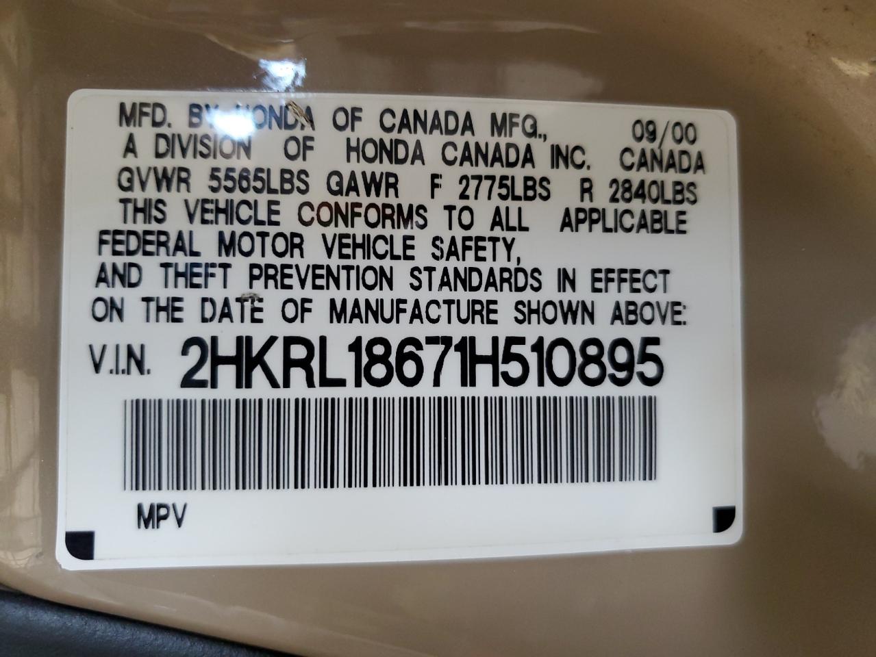 2001 Honda Odyssey Ex VIN: 2HKRL18671H510895 Lot: 68256974