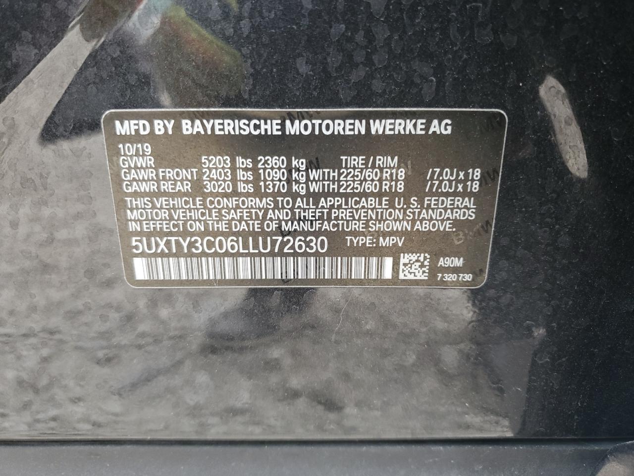 2020 BMW X3 Sdrive30I VIN: 5UXTY3C06LLU72630 Lot: 66128204