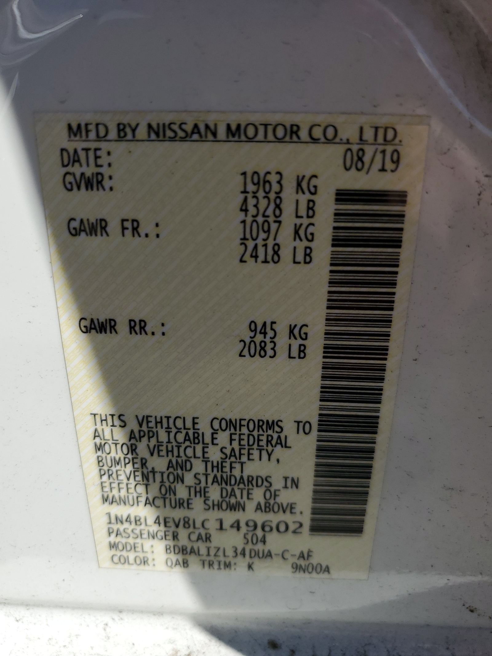 1N4BL4EV8LC149602 2020 Nissan Altima Sl 1N4BL4EV8LC149602 2020 Nissan Altima Sl