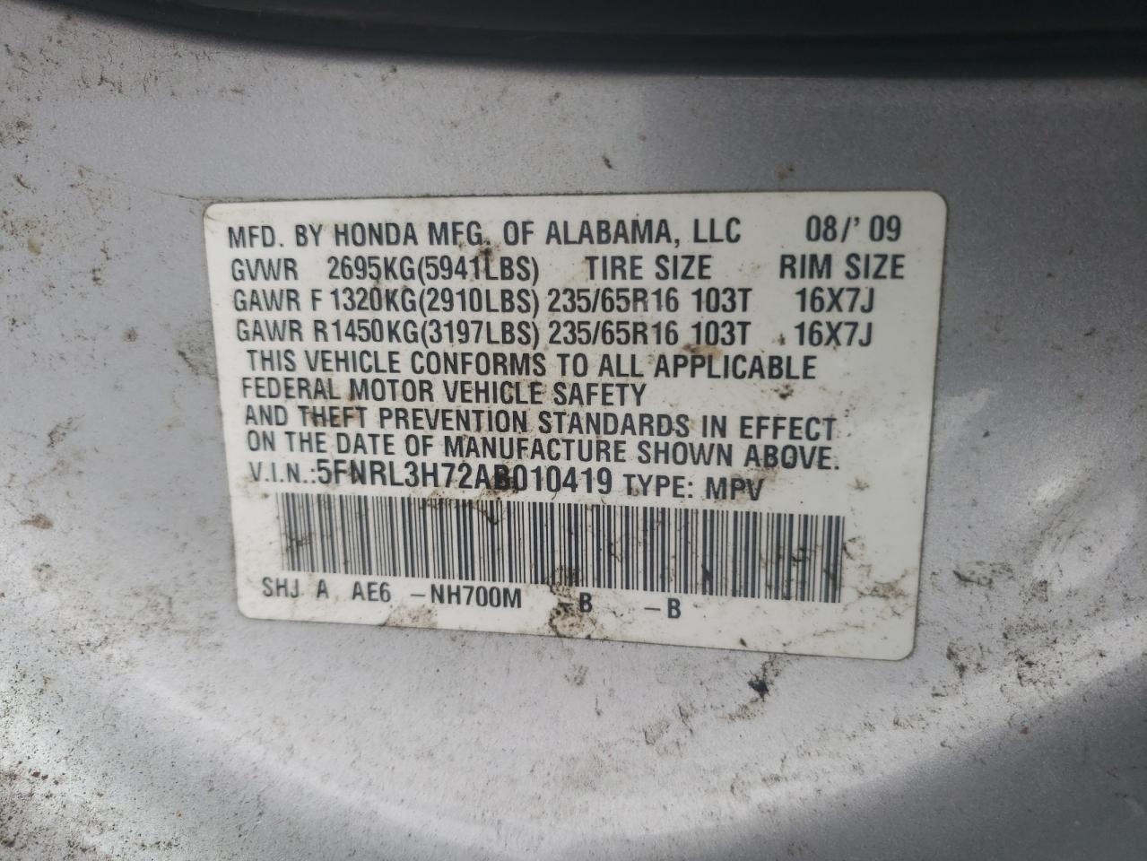 5FNRL3H72AB010419 2010 Honda Odyssey Exl