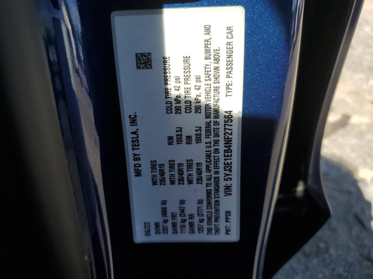 2022 Tesla Model 3 VIN: 5YJ3E1EB4NF277564 Lot: 67123774