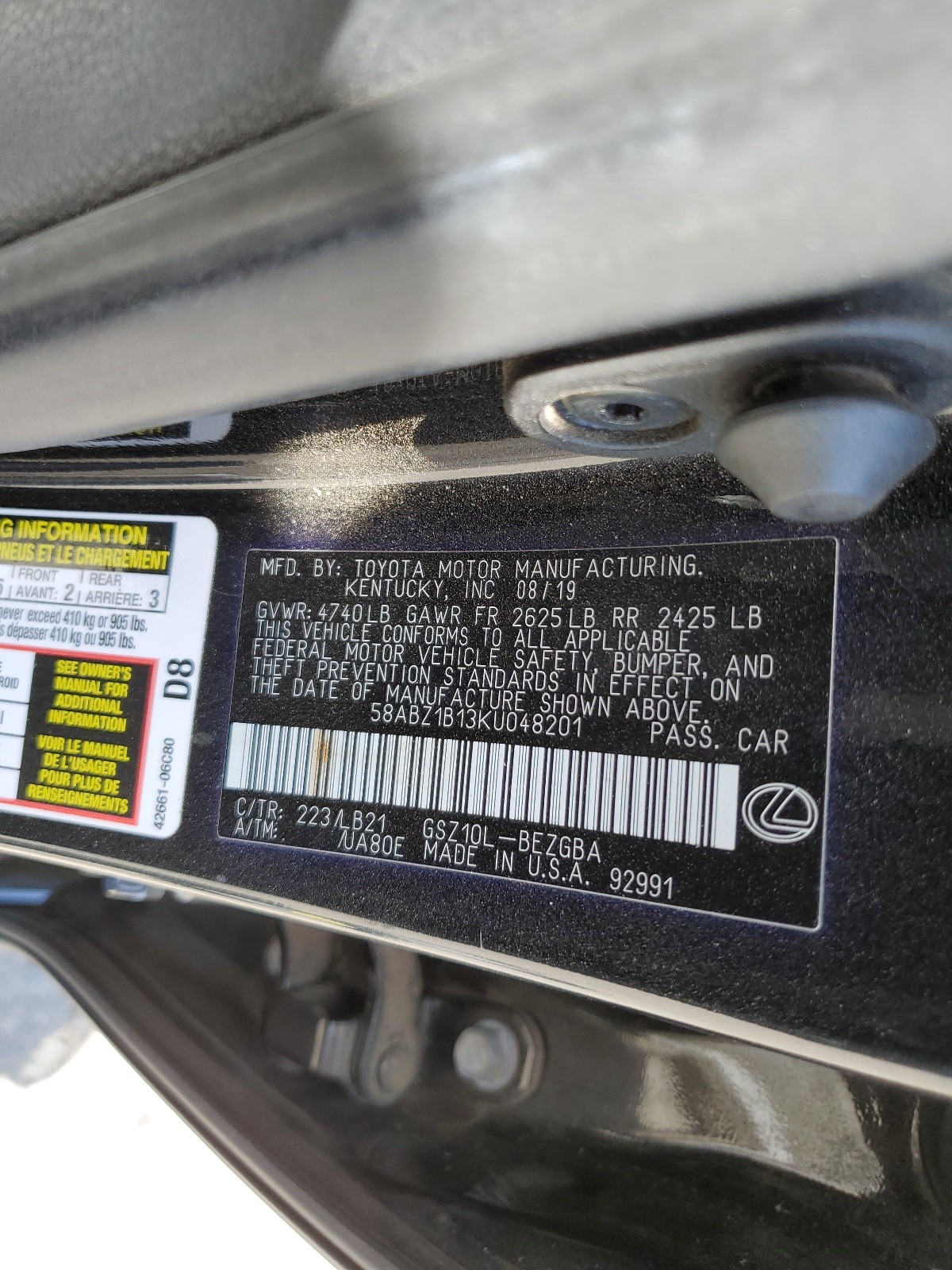 58ABZ1B13KU048201 2019 Lexus Es 350