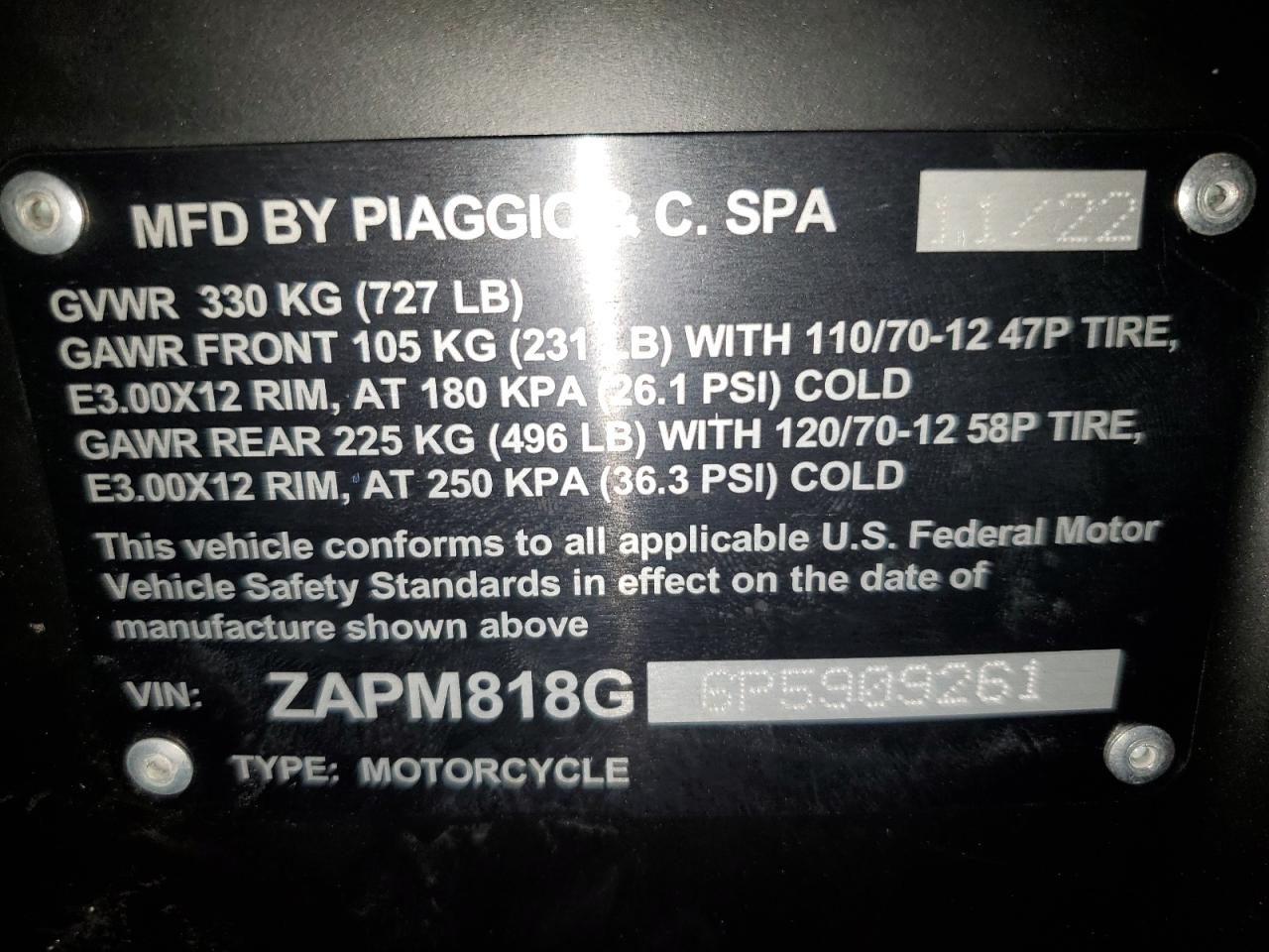 2023 Vespa Primavera/Sprint 150 VIN: ZAPM818G6P5909261 Lot: 58743514