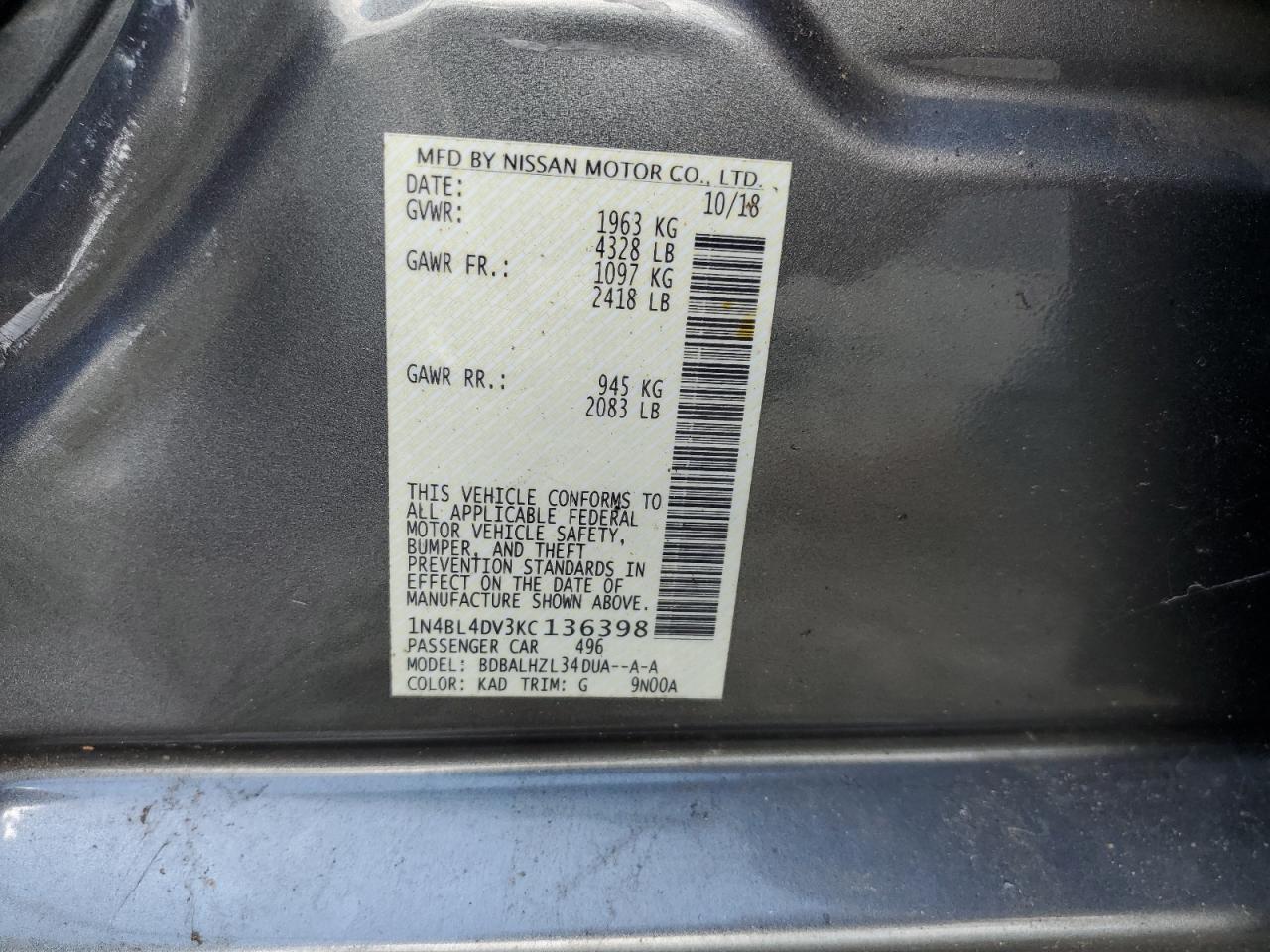 1N4BL4DV3KC136398 2019 Nissan Altima Sv