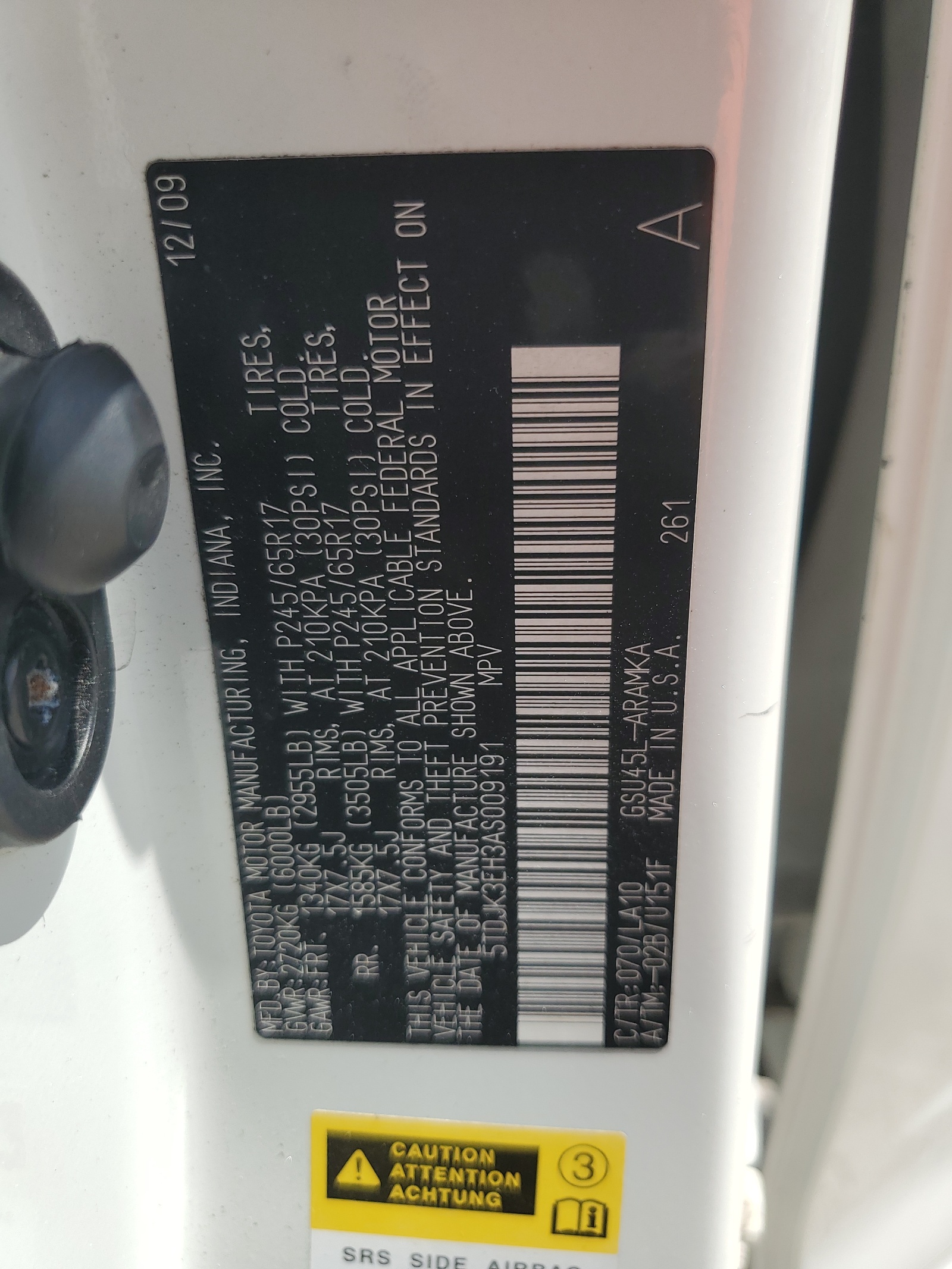 5TDJK3EH3AS009191 2010 Toyota Highlander Se